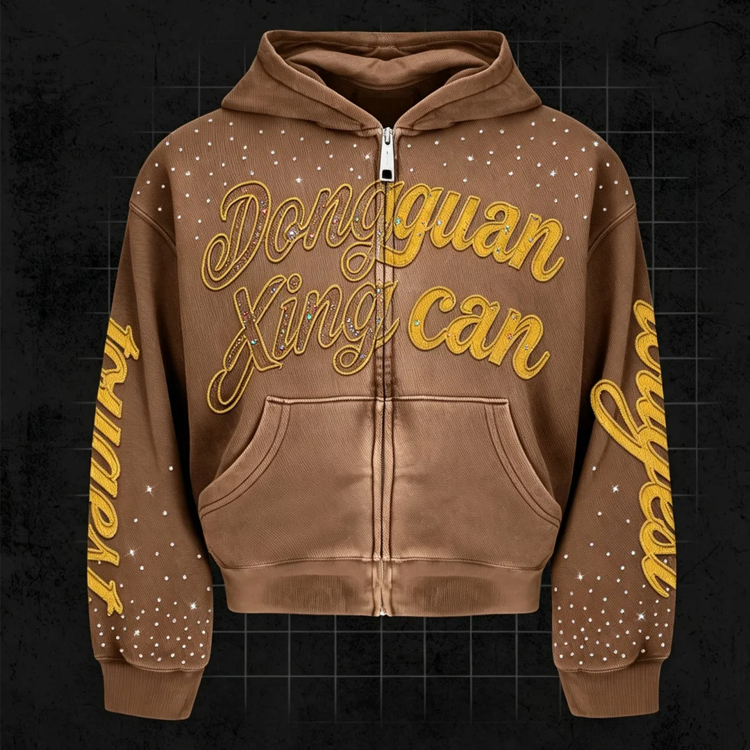 Premium přizpůsobená těžká zipová kapuci s pláštěnkou z 100 % bavlny pro muže, Y2K streetwear kapuce z bavlny s vyšívky a dekorací z rhinostonů