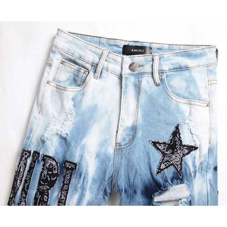 Fashion Streetwear Men Jeans Blue Color Paint Printed Jeans Men Hip Hop Pants Punk Style Jeans
