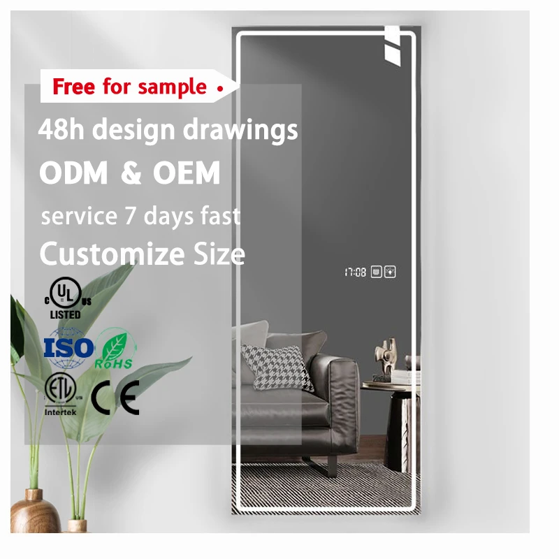 product trending hair salon wall led glass mirror smart mirror lighting custom full length mirror with time  for barber shop-0