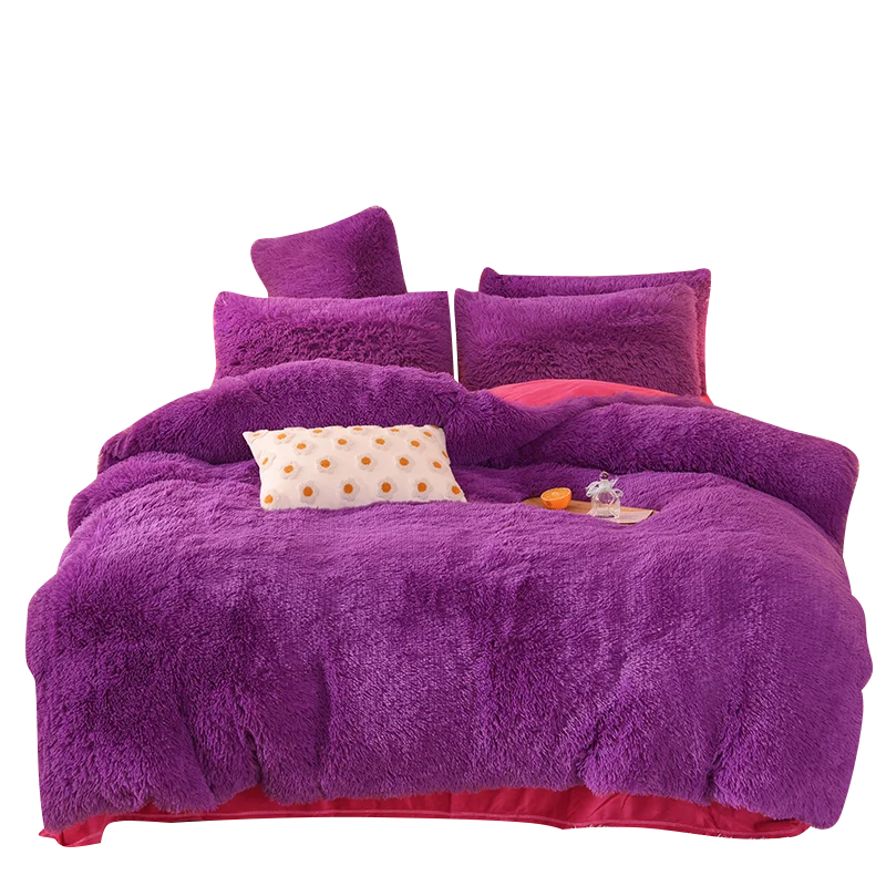 Rainbow Color Faux Fur Velvet Fluffy Plush Soft Bedding Bed Sheet Set 4
