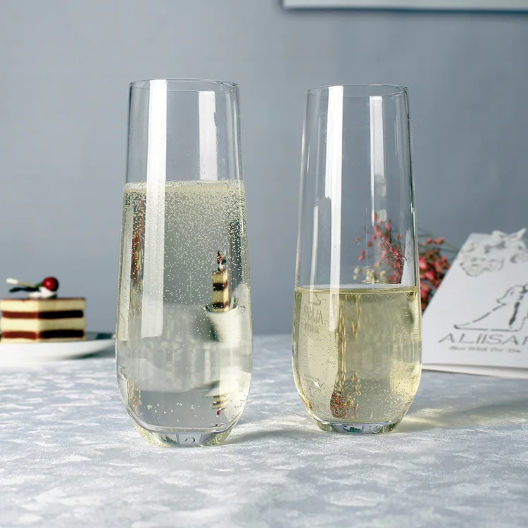 cheap custom logo unique clear stemless glass champagne flutes