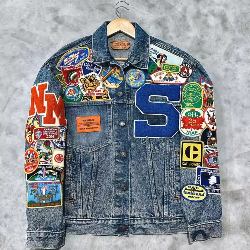 Custom Patch Turn Down Neck Oversized Long Sleeve Winter Baggy Denim Vintage Graphic Anime Fur Fluffy Collar Men's Jacket gallery 3