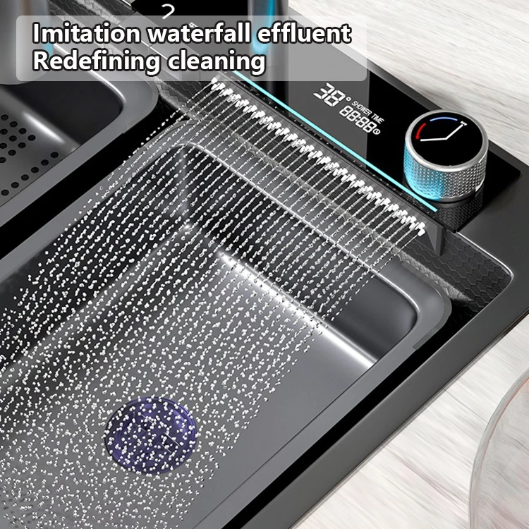 DQOK Discount Luxury Anti-Scratch LED Digital Display Waterfall Kitchen Sink with Cup Washer & Soap Dispenser