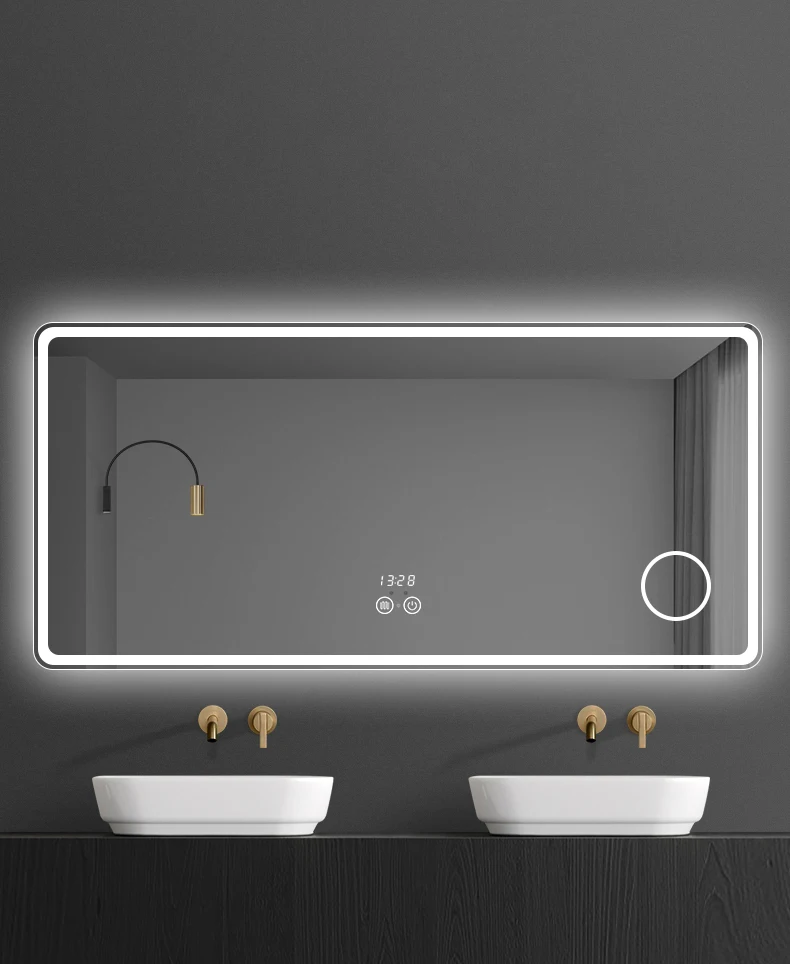 Kamali custom simple design hotel rectangular luxury illuminated defog glass backlit bathroom bluetooth touch smart LED mirror