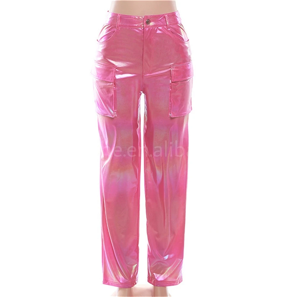 Trendy Pink Cargo Pants Fashionable Bright Reflective High Waist ...
