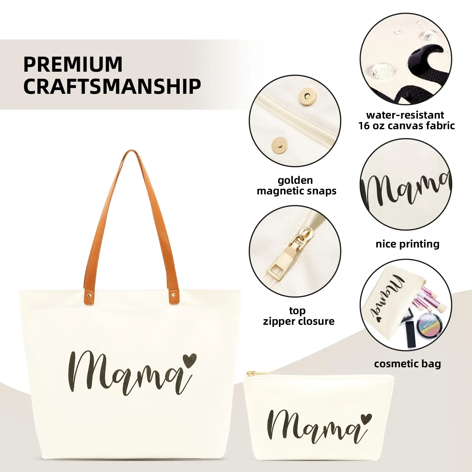 Customizable Leather Handle Tote Bag Reusable Hospital Shopping Beach Travel Cotton Canvas Mama Bag with Custom Logo Pattern