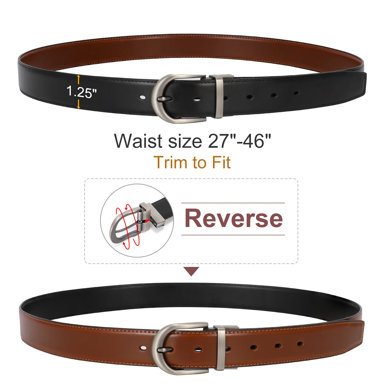 New Reversible Clip Double Color Genuine Leather Belt Brown Black Men ...