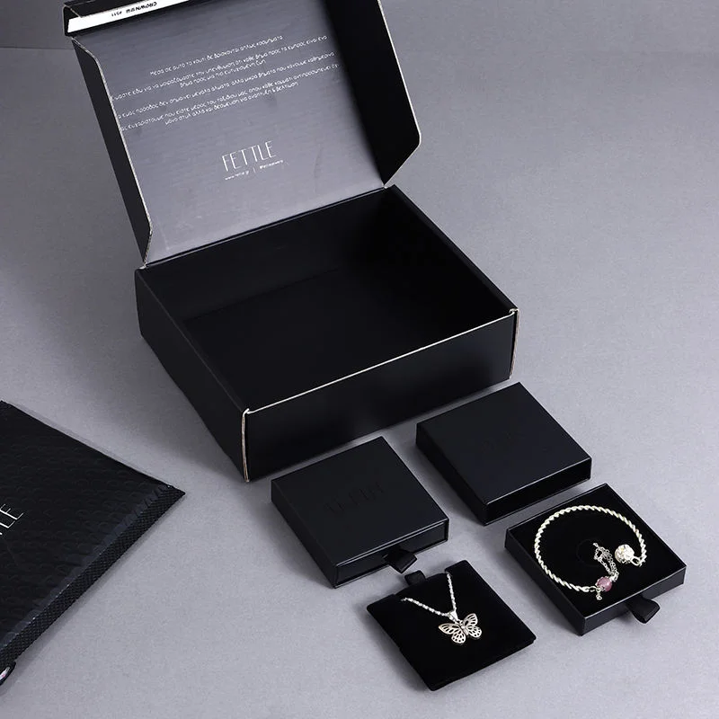 Custom Logo Luxury Pull-out Cardboard Jewelry Box Drawer Box with Ribbon Handle Packaging for Necklace Ring Earring Bracelet