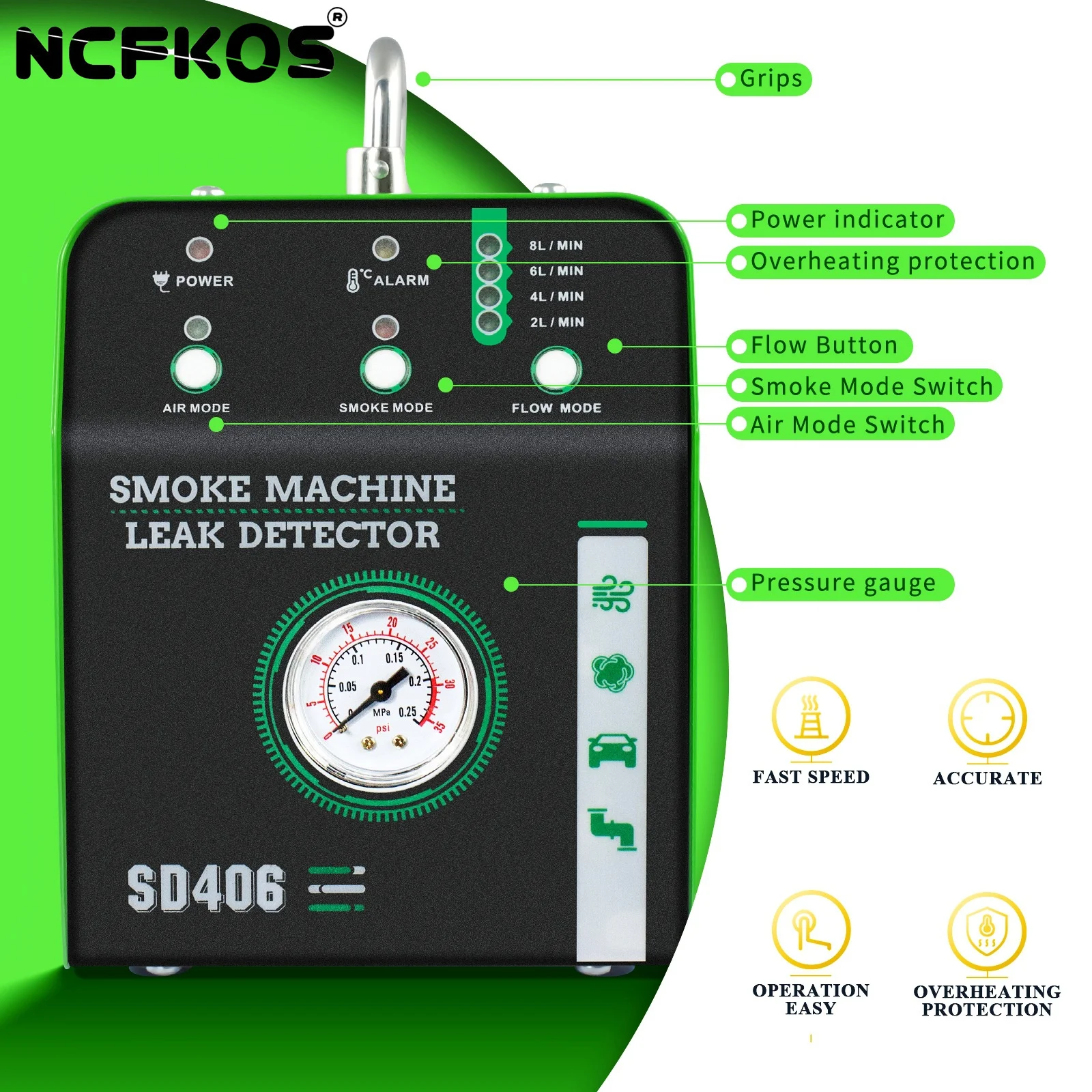 NCFKOS SD406 Intelligent Leak Diagnostic System 12V Auto Smoke Machine Dual-Sensor Measurement Adaptive Pressure Engine Analyzer