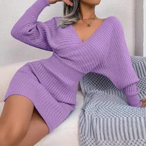 2025 New Women's V-Neck Batwing Sleeve Casual Dress Solid Color Sweater Dress Autumn and Winter Style Machine Washable