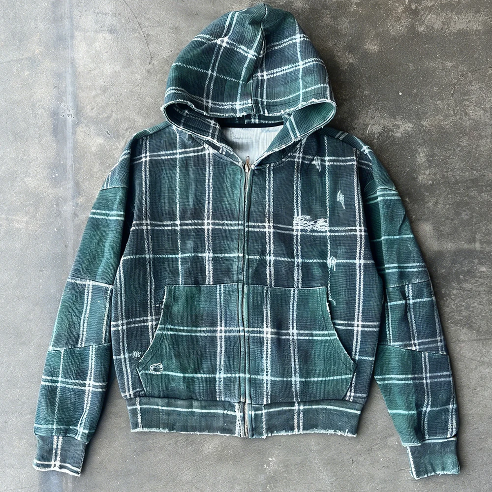 Custom Logo Plaid Flannel Waffle Knit Hooded Jacket Embroidery Double Layer Faded Zip up Acid Wash Distressed Hoodies for Men