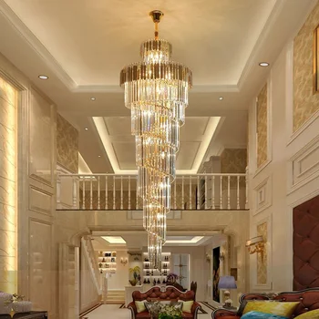 Modern luxury indoor gold large round stairwell stair lighting crystal chandeliers pendant lights for hotel lobby staircase