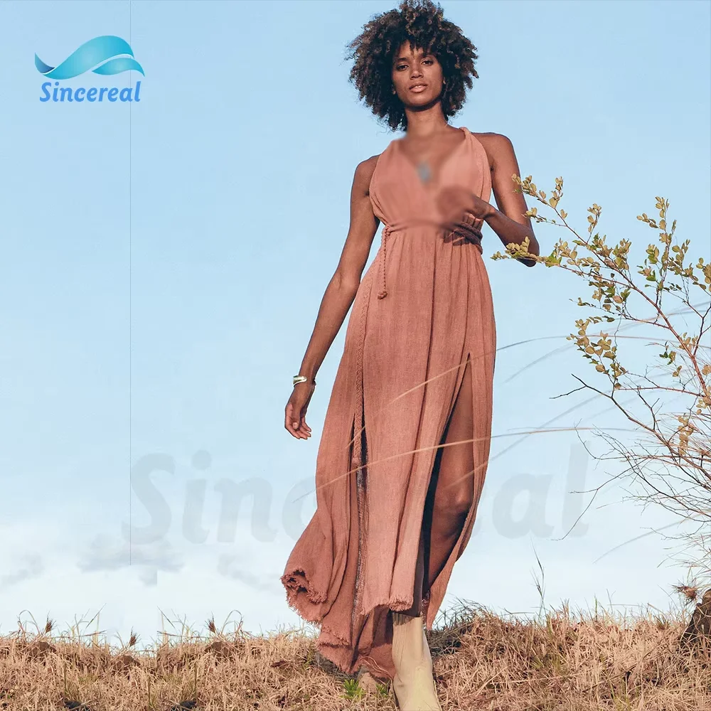 Fashion Custom Greek Goddess Boho Sexy Square Collar Backless Bohemian  Solid Eco-Friendly Cotton Linen Maxi Casual Dress for