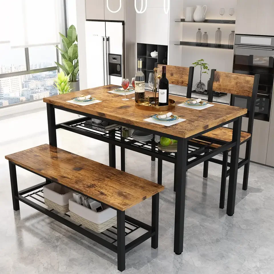 Industrial with Storage Rack 4Pcs Wooden Dining Table and Chairs with Bench  Backrest Metal Frame Wooden Luxury Dining Table Set