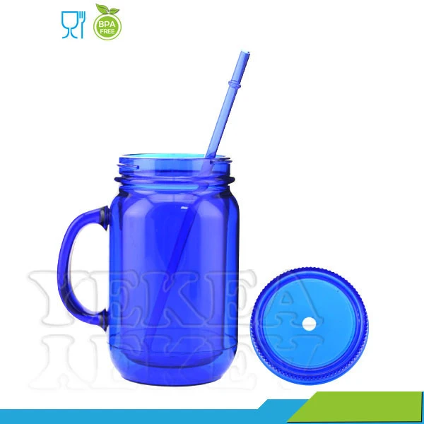 Hot Selling 20oz Double Wall Plastic Mason Jars With Straw And Handle