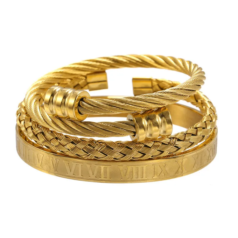 3 Pcs/ Set Gold Plated Roman Numeral Bracelet Braided Alloy Bangle Charm  Jewelry
