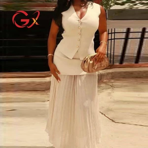 GX5601 Fashion 2026 Women Clothing Boutique Street Wear Sleeveless V-neck Knitted Tops and Maxi Skirt 2 Piece Set