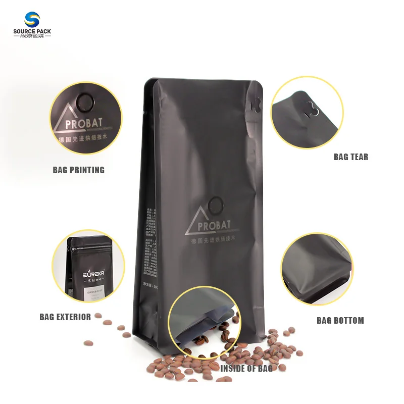 Custom Label Doypack Pouch Food Package Matte Finish Black Coffee Bag With Valve