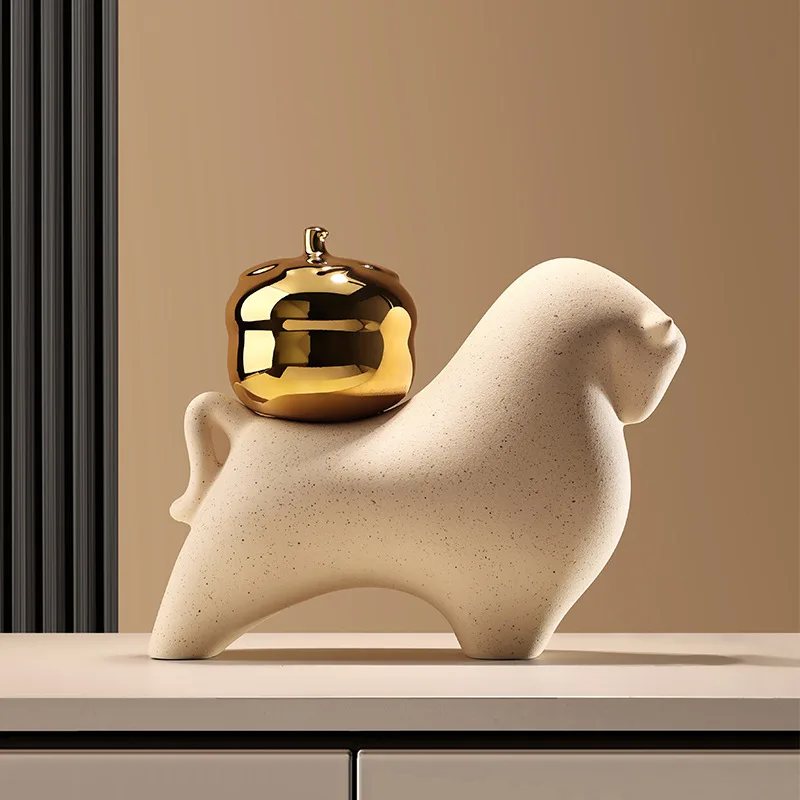Pig Figurine with Golden Apple Matte Speckled Finish Modern Minimalist Home Decor Living Room Bedroom Shelf Accent