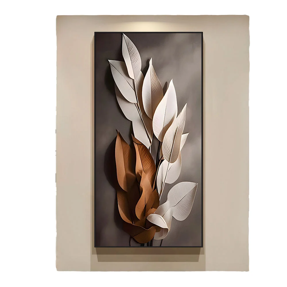 Wholesale Art Deco Vertical Leaf-Design Living Room Wall Art Printed Canvas Murals with Black/Golden Frame Home Decorations