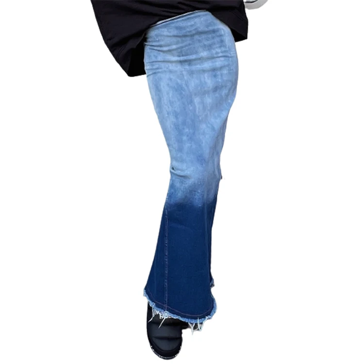 New Unique Women's Maxi Denim Skirt Vintage Streetwear with Gradient Color Block Wash Casual Long Jean Breathable Comfortable