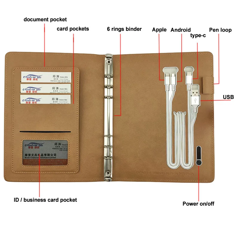 Multifunction Wireless charger USB Flash Driver LED Light Logo A5 size PU Leather Organizer with Power Bank