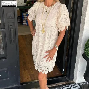 European American Women's Casual Dress for Summer Solid Woven Lace Short Sleeve Natural Waistline Worsted Washable