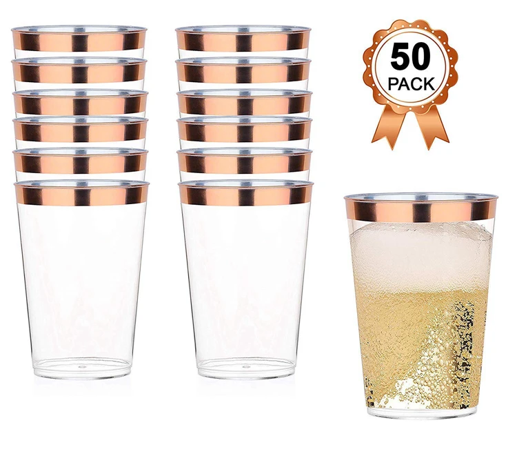 I00000 200 Pack Gold Plastic Cups, 10 oz Clear Plastic Cups Gold