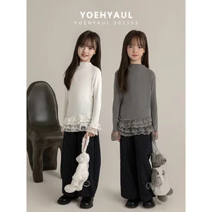 YOEHYAUL Q4654 1-14T Girls Half Turtleneck Long Sleeved Shirt Top Girls Tight Slim Fit Youth Teenager Shirt with Lace Ruffled