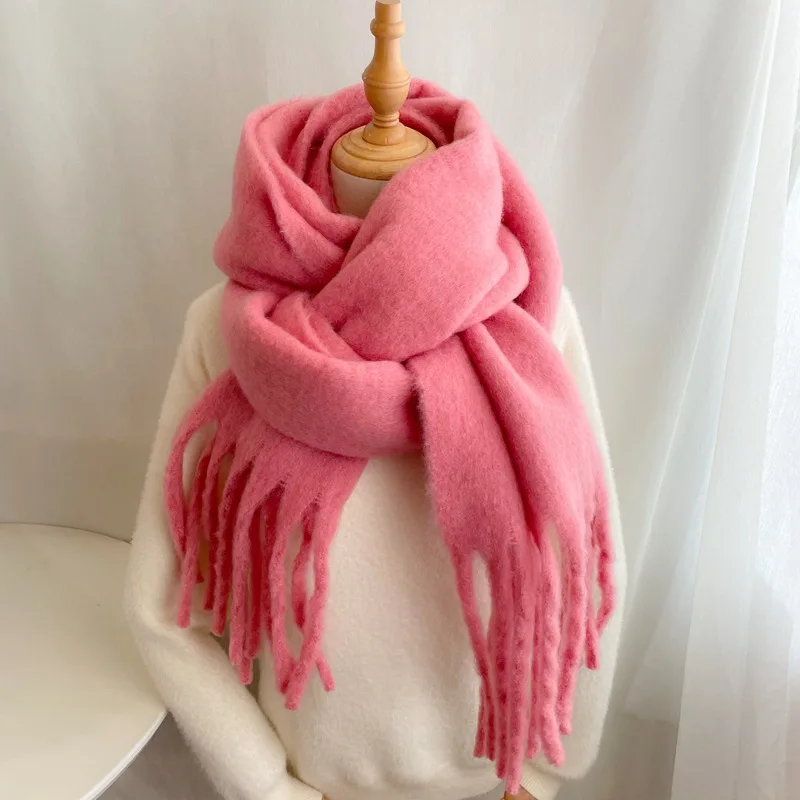 Winter Warm Large Plaid Solid Color Fringe Scarf for Women