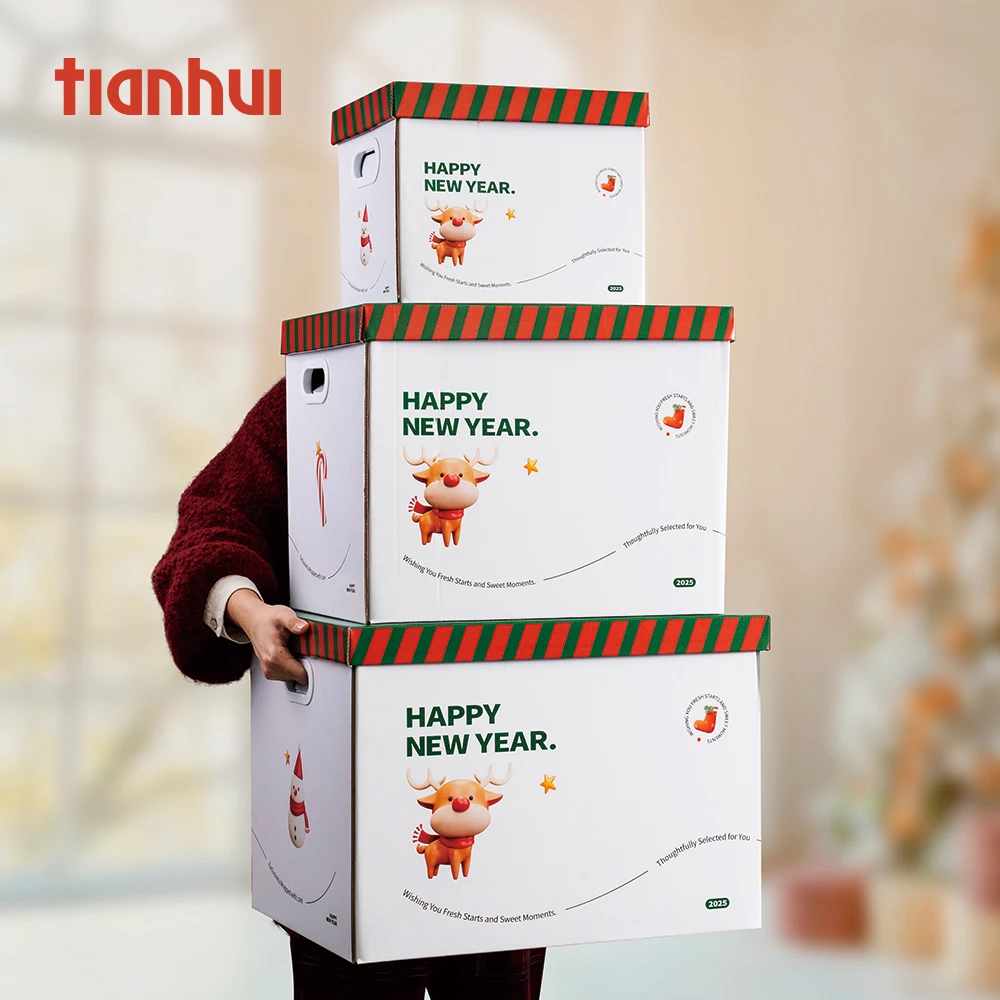 Tianhui Customizable Corrugated Paper Carton Happy New Year Design Full-Body Printing Top and Bottom Lid Tote Box