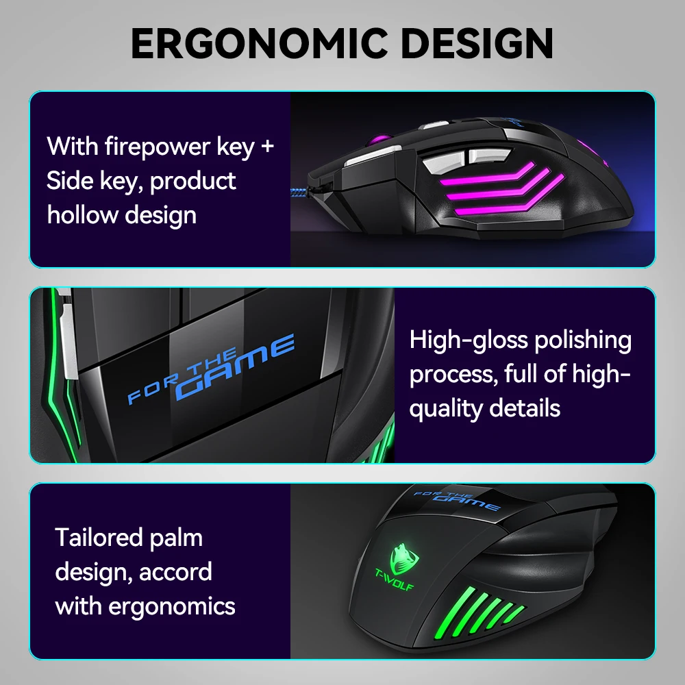 T-WOLF M1 High Performance Wired Gaming Mouse RGB LED Backlit Mouse 3600 DPI 7D Game Ergonomic  Mice for Souris Gamer Laptop