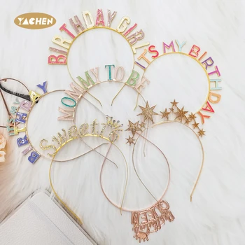 YACHEN Luxury Alloy Happy Birthday Party Hairband Girls Hair Accessories Birthday Girl Headbands Birthday Celebration Supplies