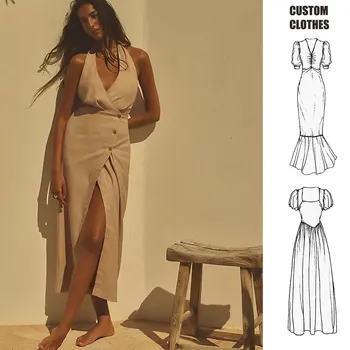 Custom Premium Fashion Suit Collar Design Women Cotton And Linen Long Dress A Line Wrap Sleeveless Dress