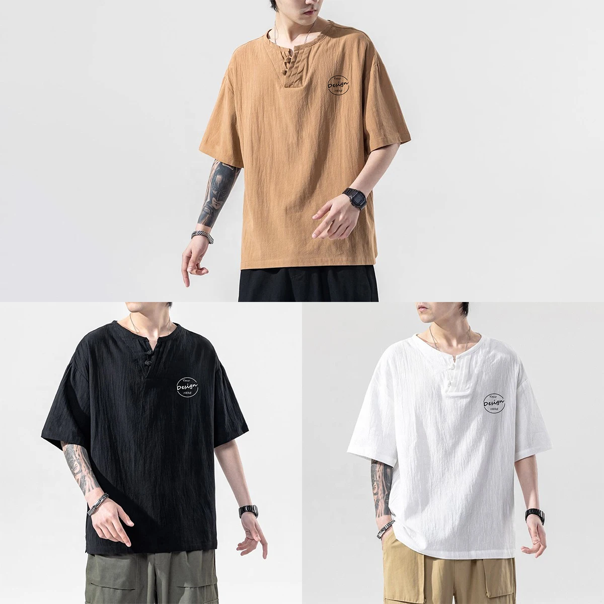 High Quality T-Shirt Embroidery Cotton Linen T Shirt Wholesale Heavyweight Cotton Men Embroidery T Shirt