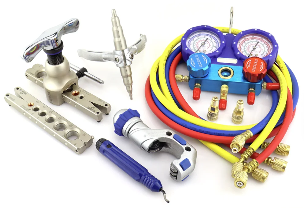 WK-8P Portable Refrigeration Tool Box Charging Hose Flaring Tool Pipe Cutter and Manifold Pressure Gauge HVAC Tool Suitcase