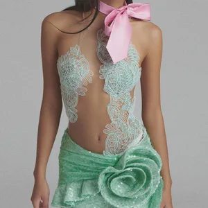 Bettergirl Sexy Ruffle Lace Sequin Green Short Dress 2026 Floral Tight Mesh Patchwork Mini Evening Dress