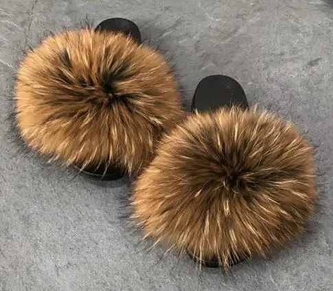 High Quality Soft Custom PVC Sole Woman Natural Raccoon Fur Slipper for