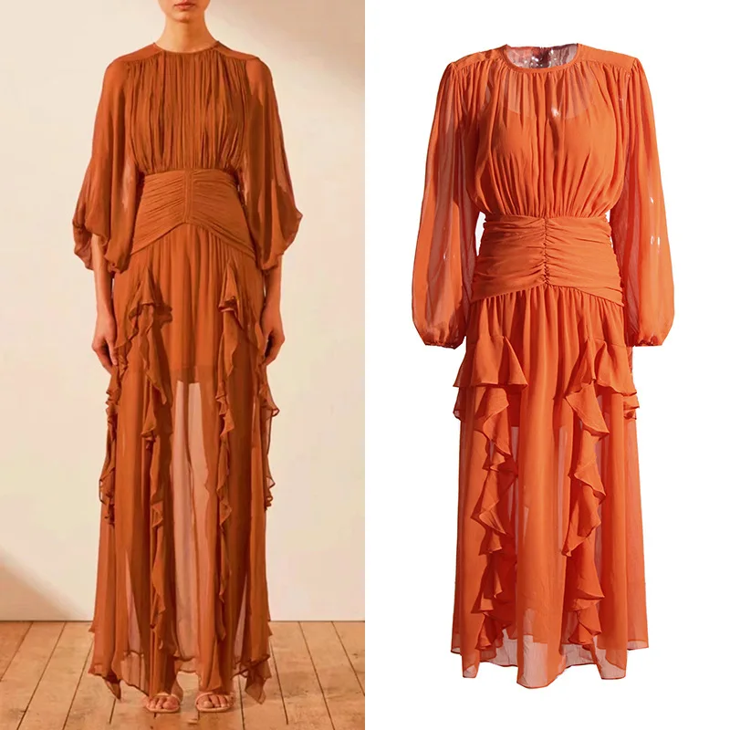 LE2641 2024 Autumn Chiffon Pleated Maxi Dress Woman Lotus