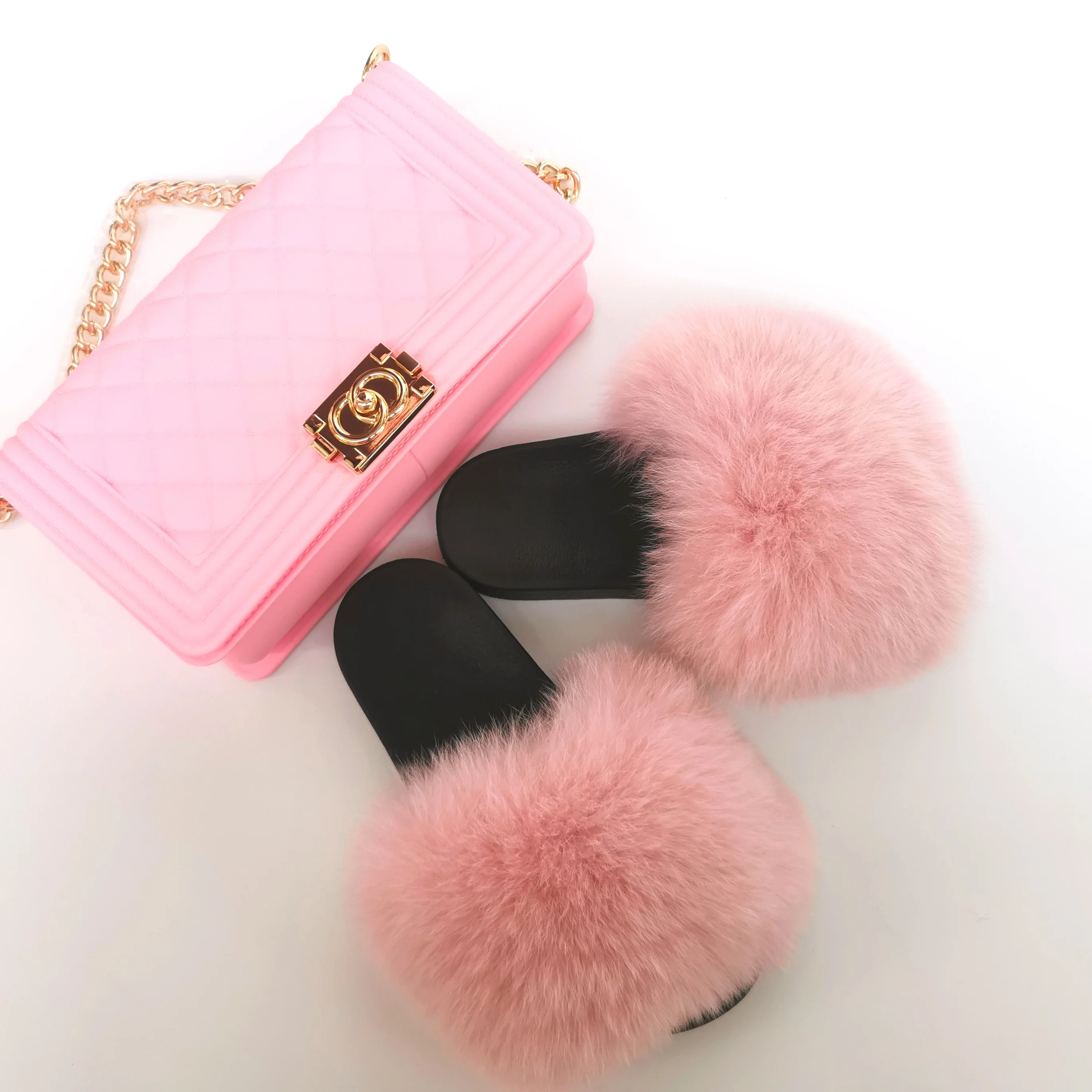 Furry slides with purse hot sale