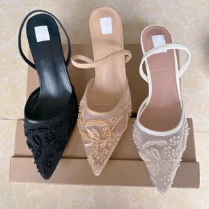 QuiteS Designer Pointy Heeled Sandals for Women 2026 Summer Luxurious Wedding Mesh String Beads Closed Toe Famous Women's Shoes