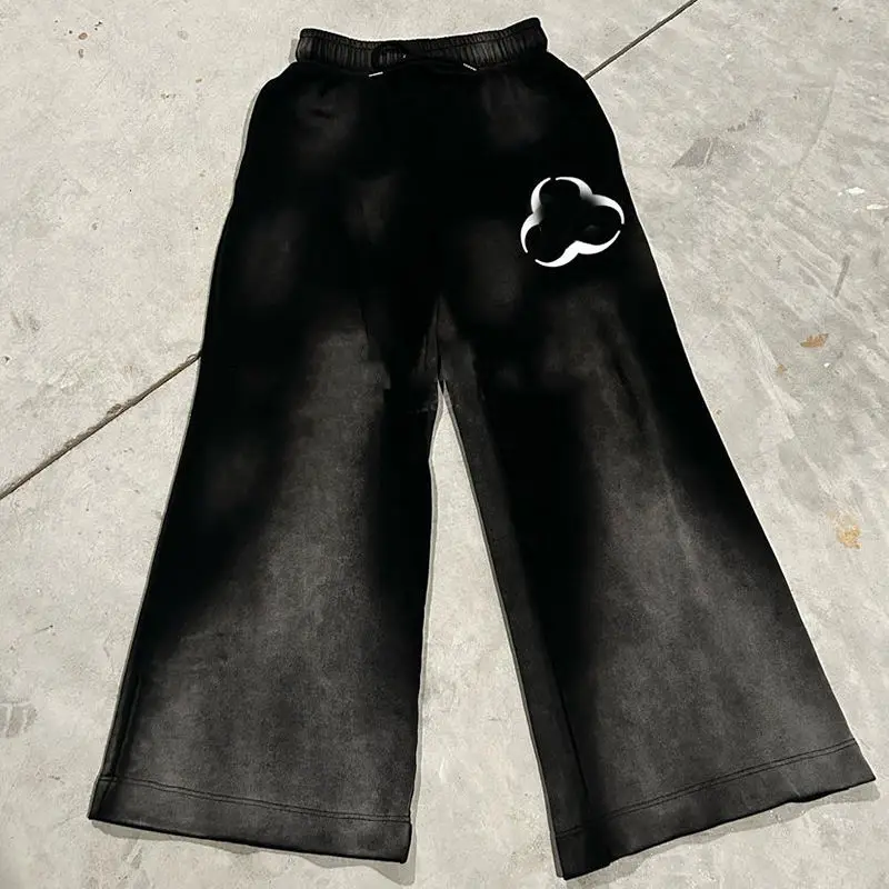 Salati Custom Manufacturer Trackpants 350 GSM Oversized Rhinestone Sun Faded Acid Washed Distressed Flared Baggy Sweatpants Men
