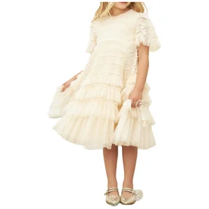 Children's Elegant Champagne Layered Ruffled Short Sleeve Evening Dress Girls Kids Tulle Princess Gown