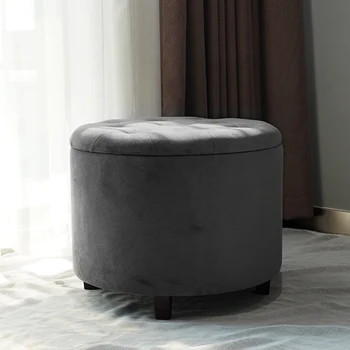Customized Velvet Round Shape Foot Stool Ottoman Pouf with Wooden Legs