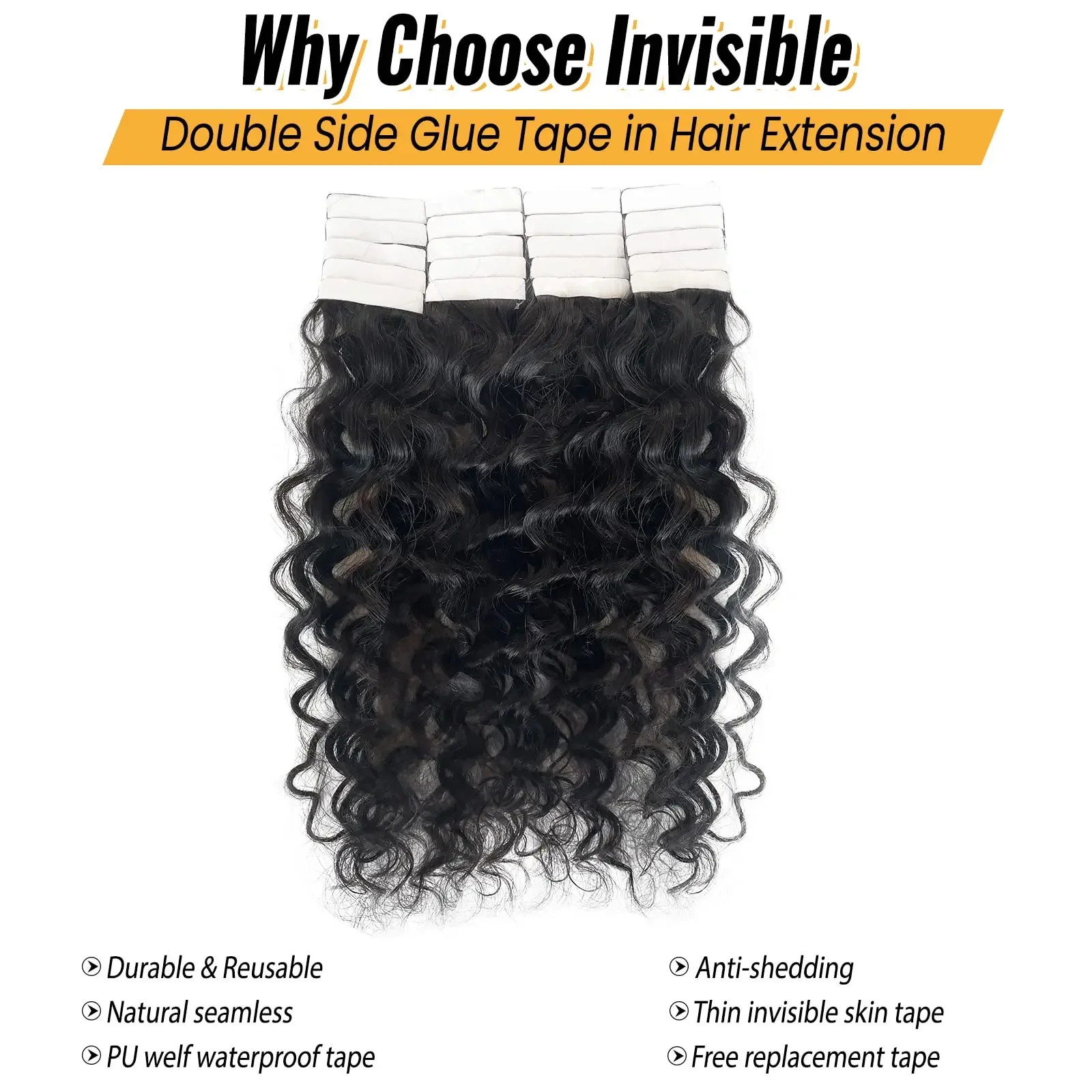 Invisible Tape In Hair Extensions Human Hair Deep Wave Remy Hair 20Pcs/Pack Natural Color_voghion.com