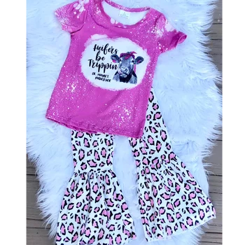 Children clothing hot pink bleached heifer design bell bottom pants wholesale baby girls boutique ready to ship clothes NO MOQ