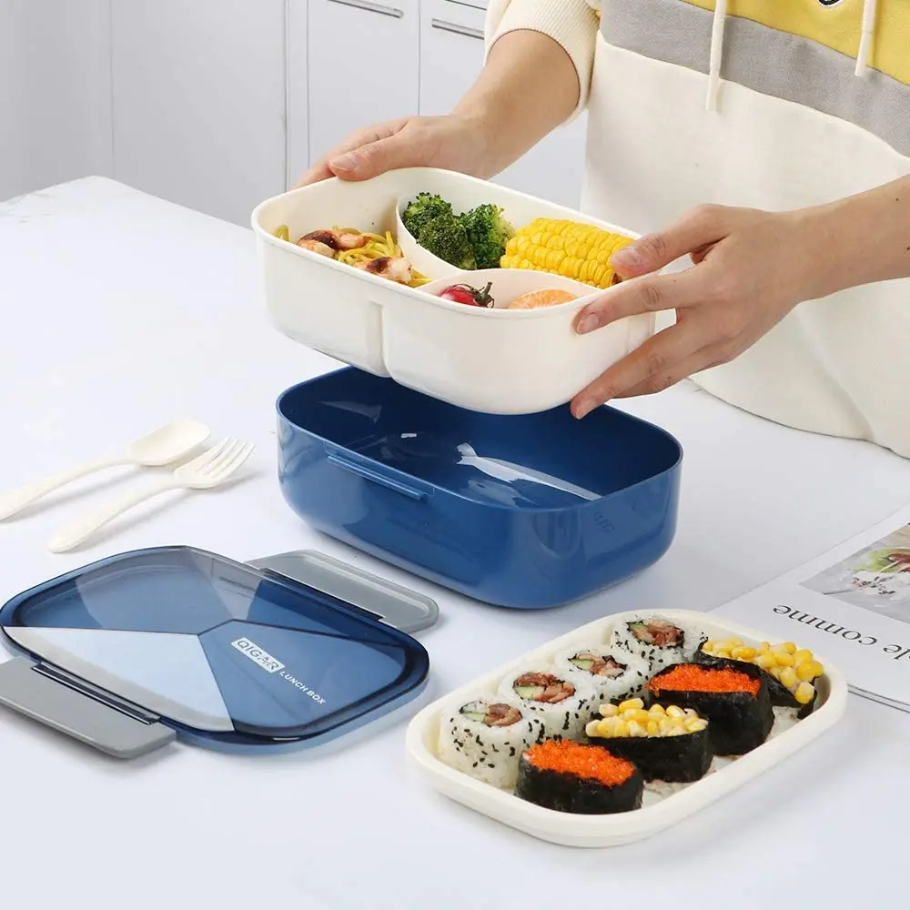 1pc 1200ml Double Layer Lunch Box With Dividers, Dip Container, Fork And  Spoon(random Color)