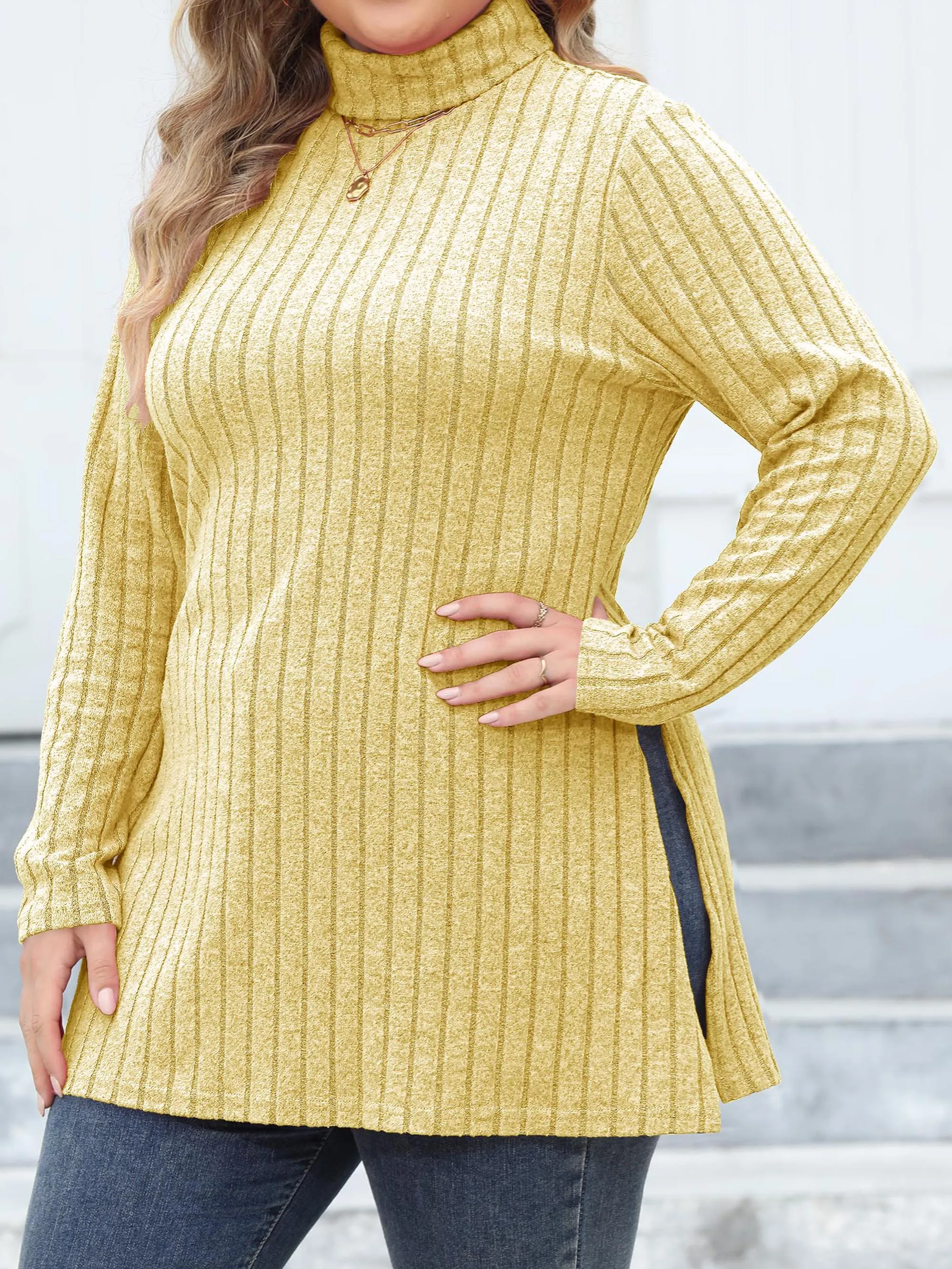 Autumn and Winter High Collar Neck Side Split Solid Color Long