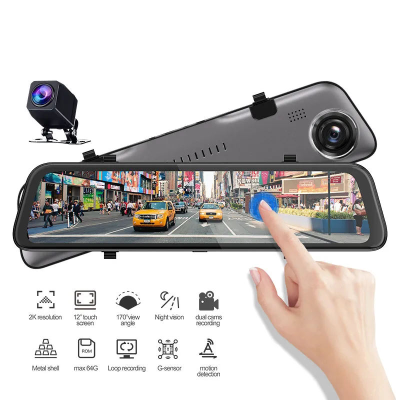 2K Mirror Dash Cam For Cars, 12 Touch Screen Front And Rear Dual