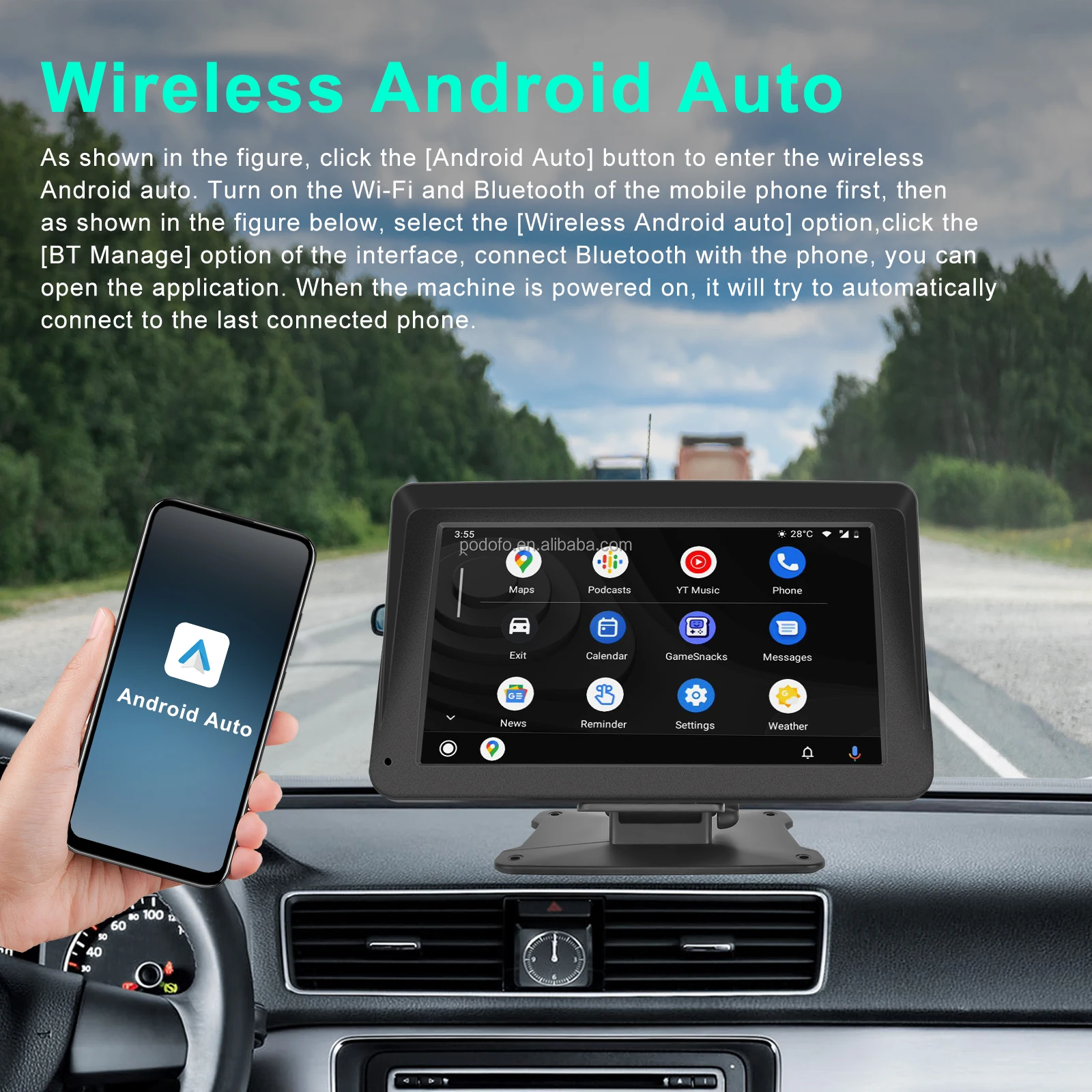 Podofo Portable Wireless Carplay & Android Auto Car Radio Autoestereo 7 ...